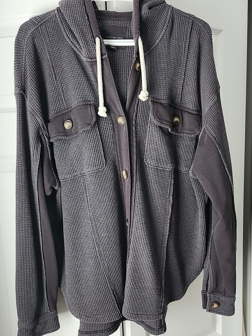 American Eagle Oversized Charcoal Waffle-Knit Hooded Shirt Jacket